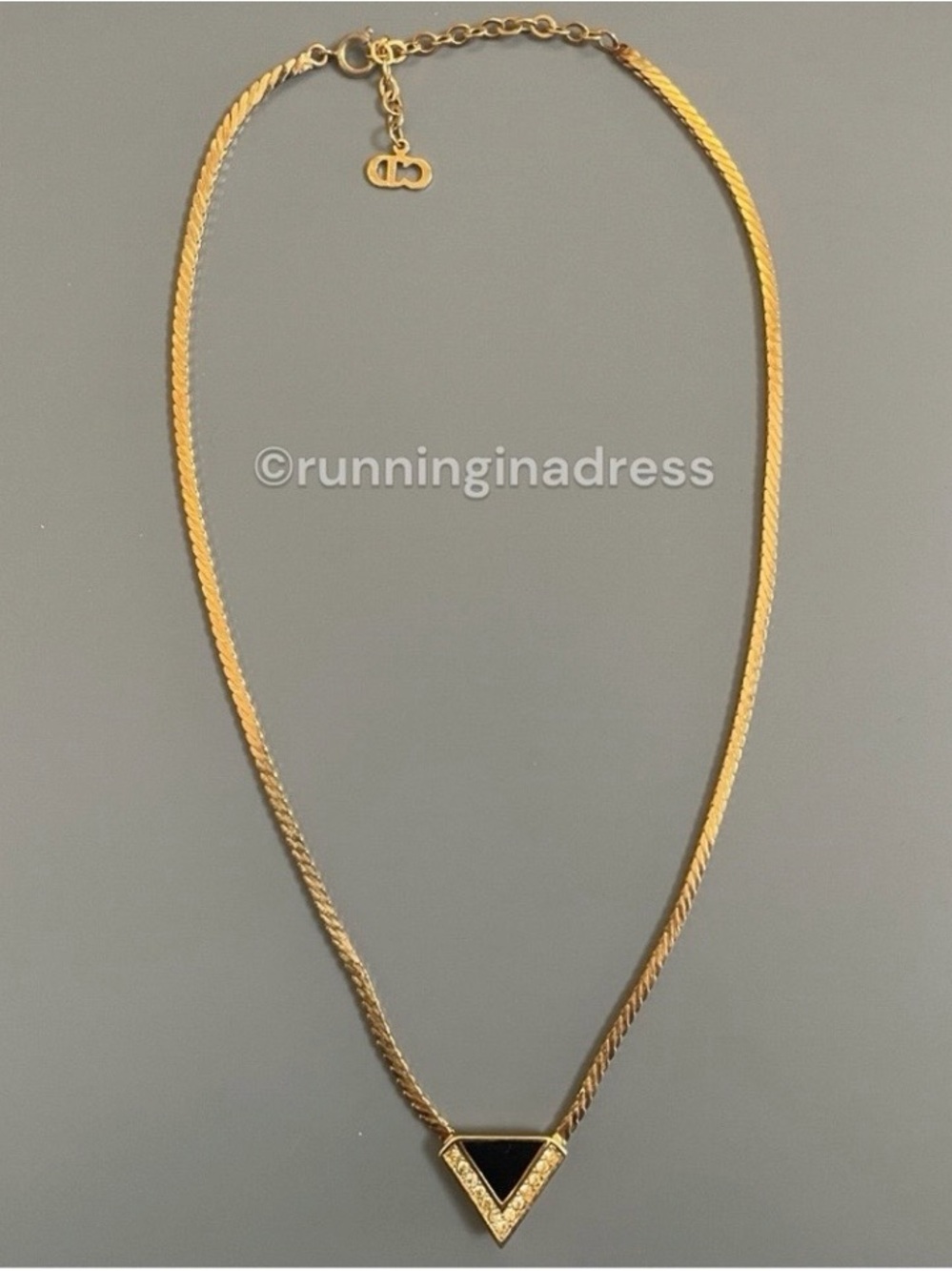 Rare Vintage Dior Black Enamel Triangle V Pendant Rhinestone Choker Necklace